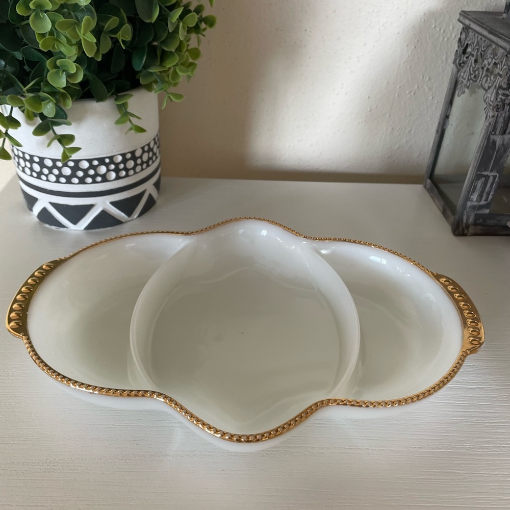 Fire King Relish Dish Milk Glass Platter Gold Rim Anchor Hocking Server